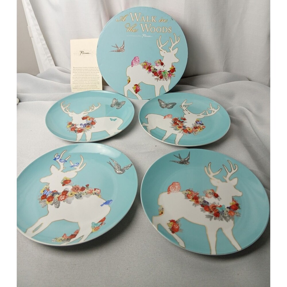 Rosanna A Walk in the Woods Dessert Salad Plates Blue Deer Set of 4 W/ Box